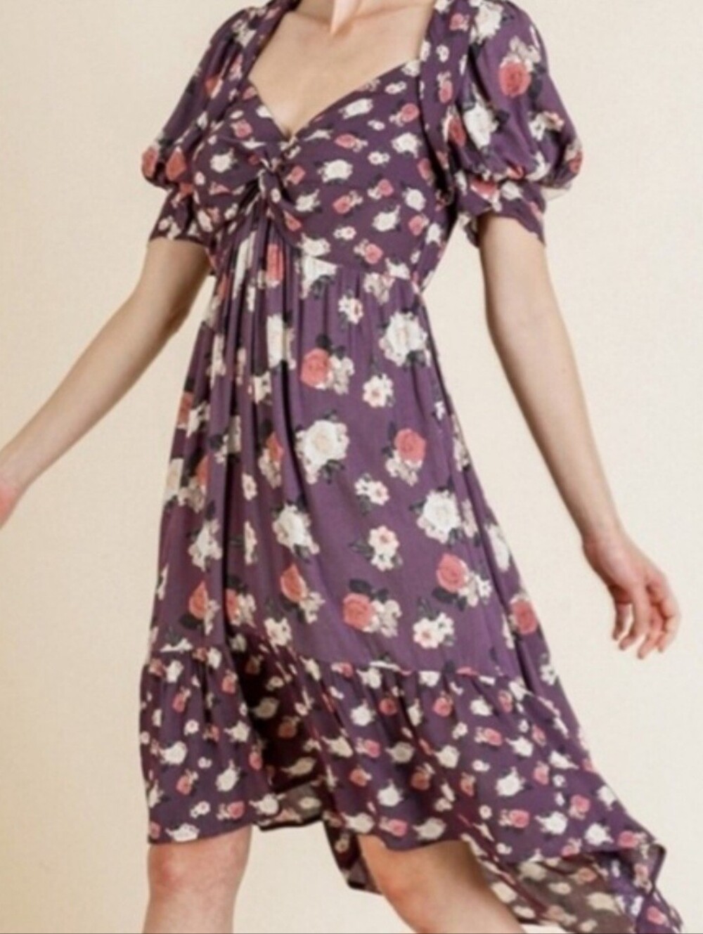 Umgee Purple Floral Puff-Sleeve Midi Dress